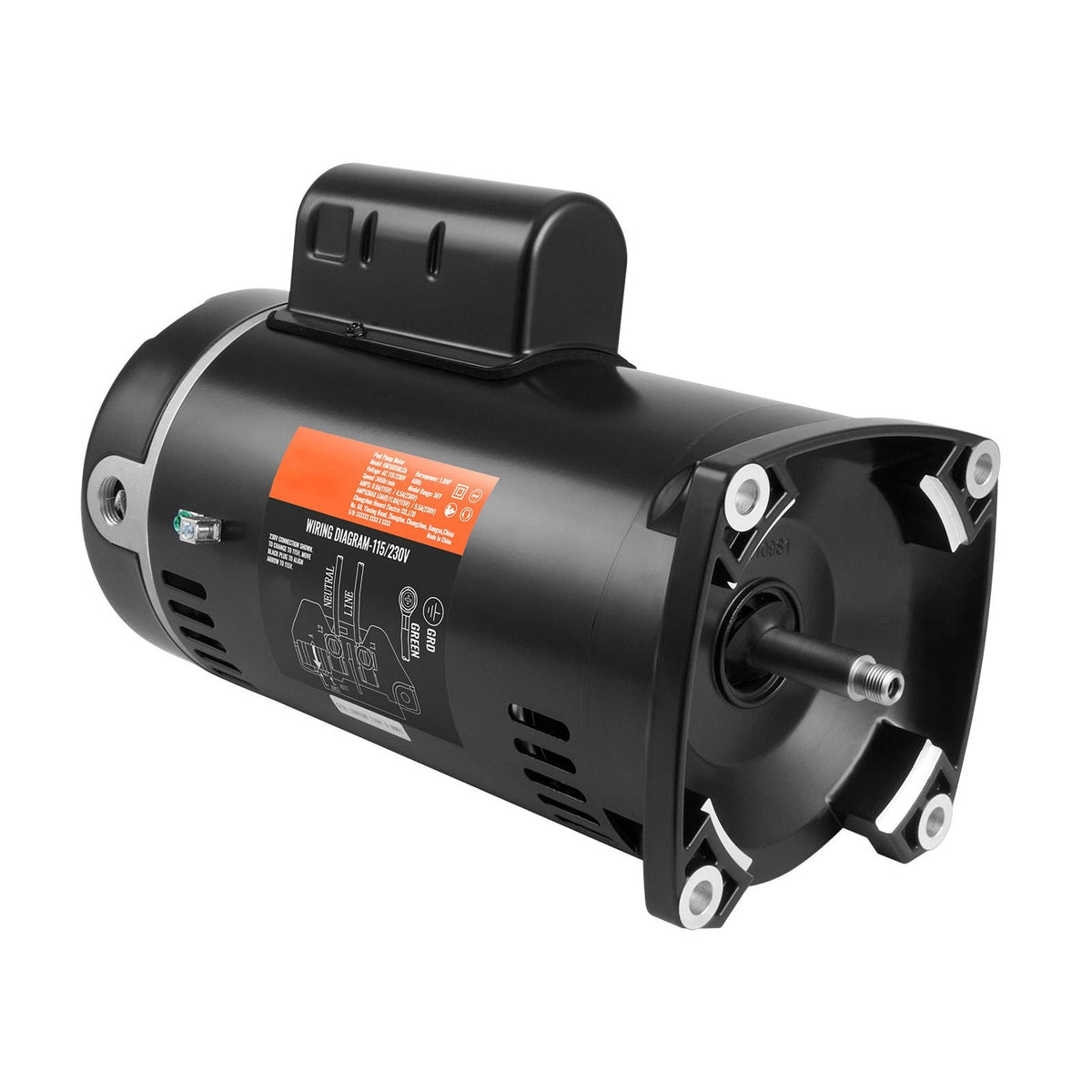 1 HP Pool Pump Motor, 56Y Frame, 115V(9 Amps)/230V(4.5 Amps) 3450RPM, 60Hz, 1.25 Service Factor, 90μF/250V Capacitor, CCW Rotation Square Flange Replacement Motor