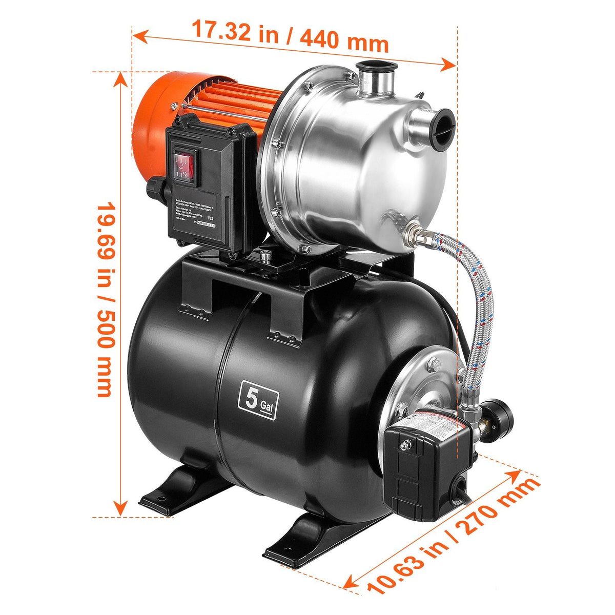 1 HP Shallow Well Pump with Pressure Tank, 1000 GPH, Automatic Irrigation Water Booster Pump with 130 ft Head Lift 20/40 PSI Pressure Switch, 304 Stainless Steel Pump Head for Home Garden Lawn