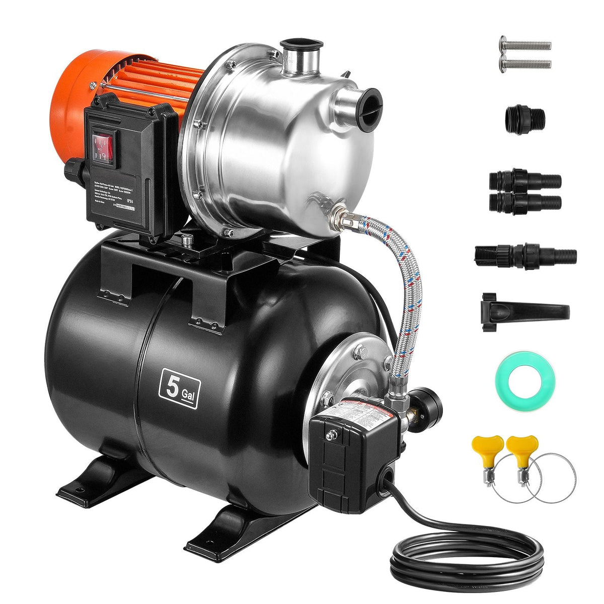 1 HP Shallow Well Pump with Pressure Tank, 1000 GPH, Automatic Irrigation Water Booster Pump with 130 ft Head Lift 20/40 PSI Pressure Switch, 304 Stainless Steel Pump Head for Home Garden Lawn
