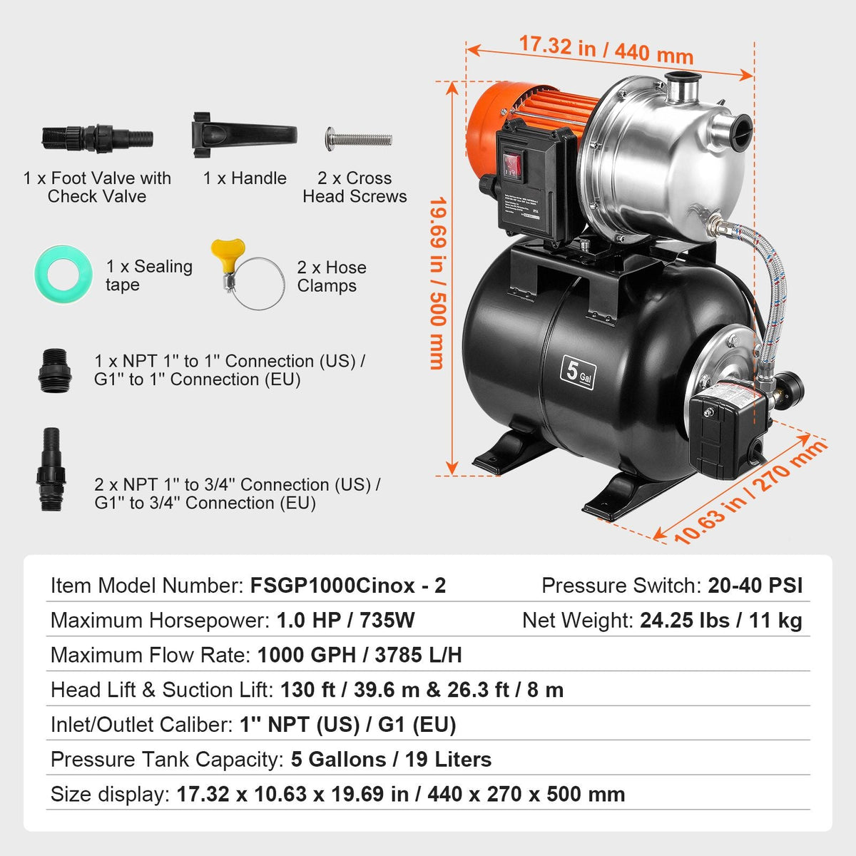 1 HP Shallow Well Pump with Pressure Tank, 1000 GPH, Automatic Irrigation Water Booster Pump with 130 ft Head Lift 20/40 PSI Pressure Switch, 304 Stainless Steel Pump Head for Home Garden Lawn