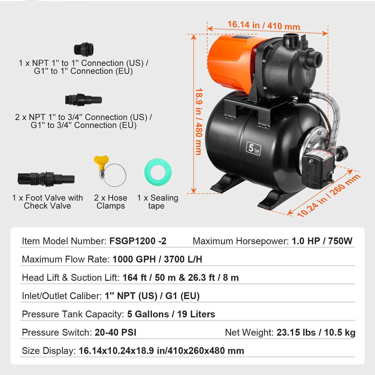 1 HP Shallow Well Pump with Pressure Tank, 1000 GPH/3700 L/H, Automatic Irrigation Water Booster Pump with 164 ft Lift 20/40 PSI Pressure Switch, Thermoplastic Pump Head for Home Garden Lawn