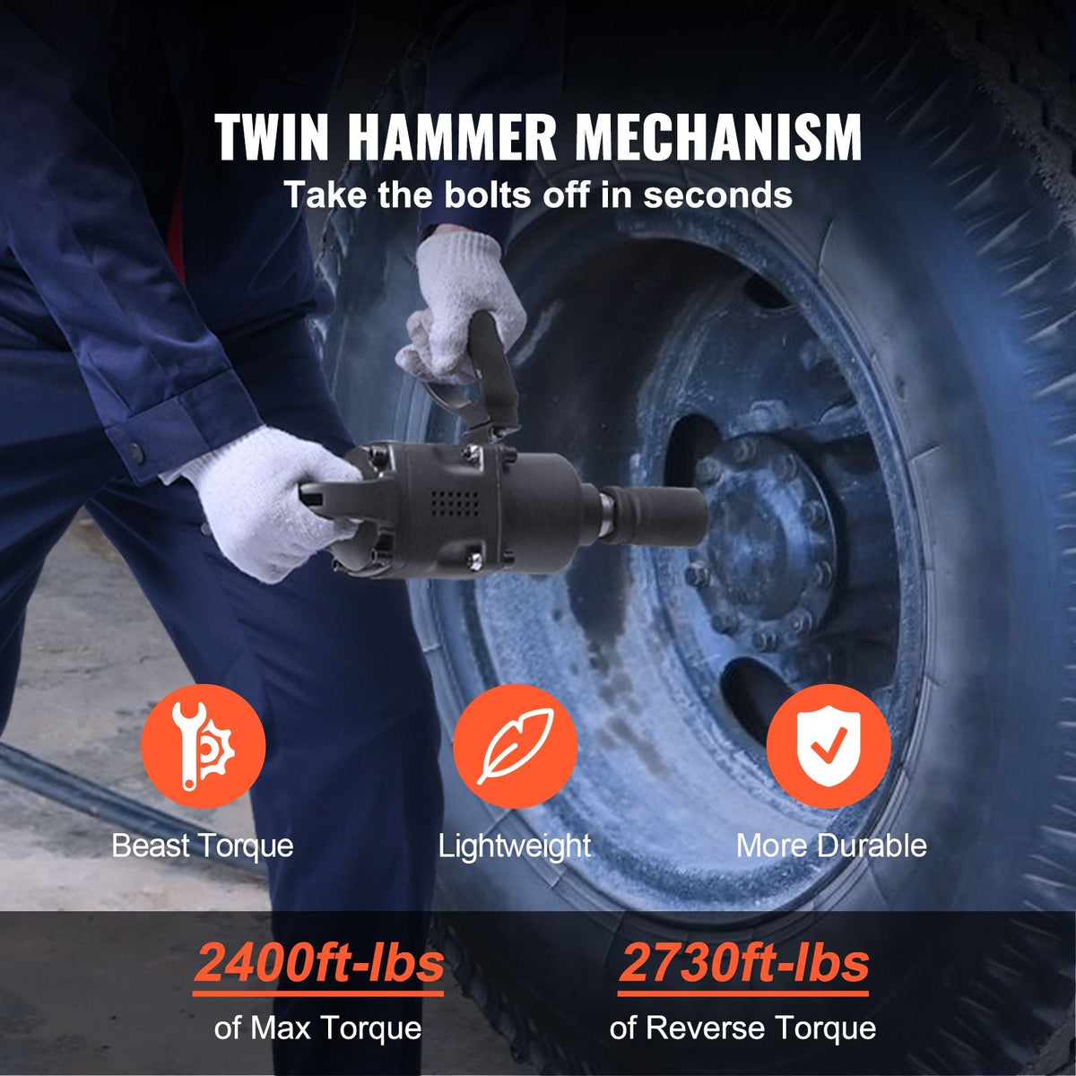 1 Inch Air Impact Wrench, Up to 2730 ft-lbs Reverse Torque Output 1" Pneumatic Impact Gun Lightweight w/ 2 Handles for Heavy Duty Repairs and Maintenance