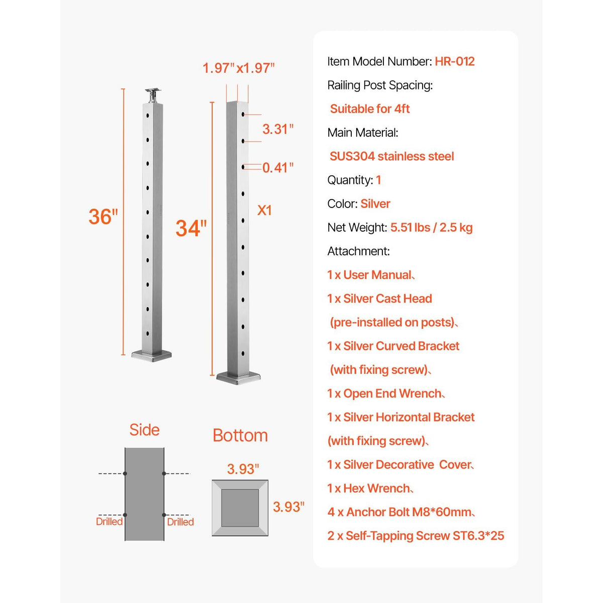 1-Pack Cable Railing Post, 36x2x2 In Horizontal-Hole Deck Railing Post with Pre-Drilled Holes, Stainless Steel Cable Rail Post with Horizontal and Curved Bracket, Silver, 1JZLGZXYS91466KZK001V0
