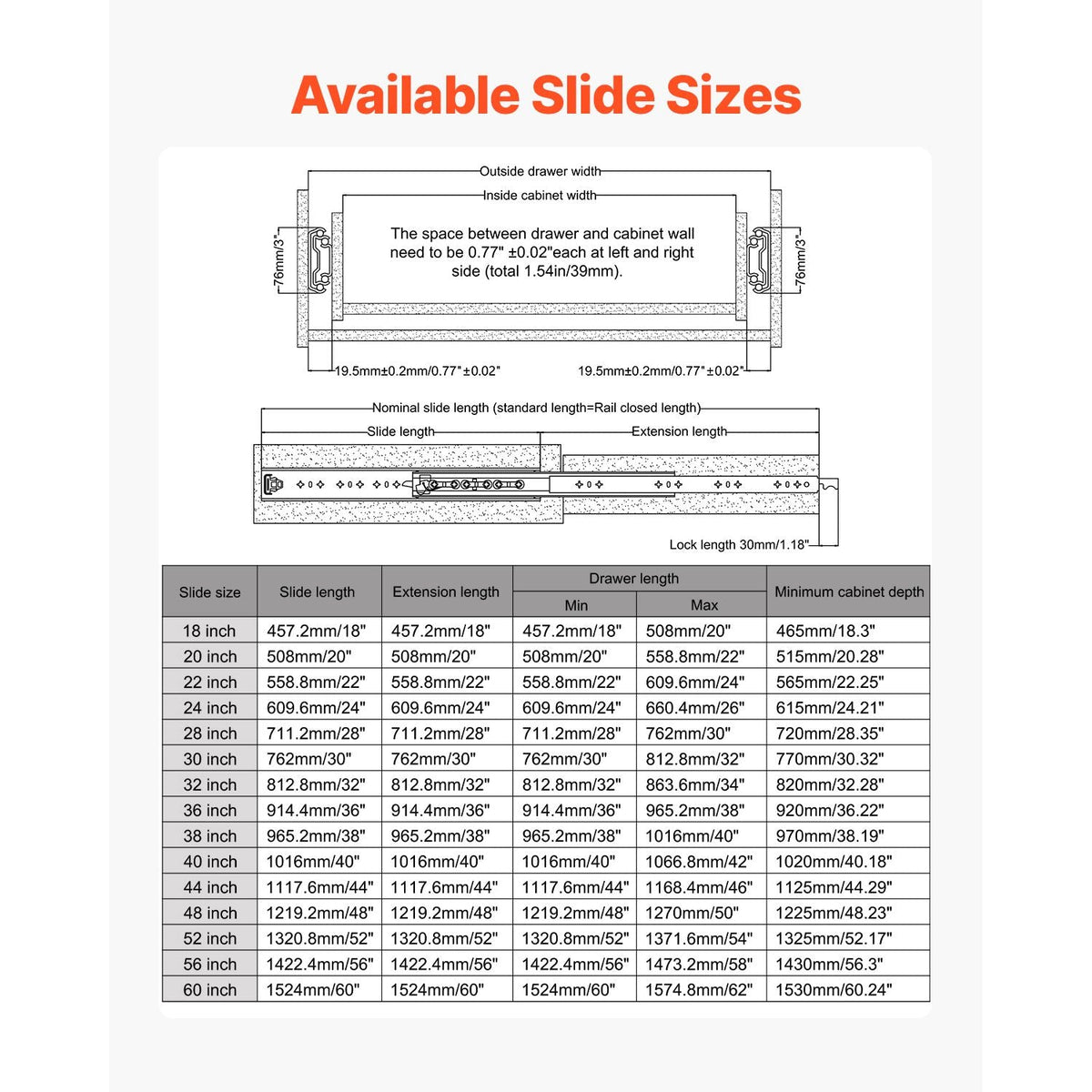 1 Pair Full Extension Drawer Slides 40 n, 500 lbs Load Capacity Locking Drawer Slides, Ball Bearing with Lock Side Mount Drawer Slide Rail