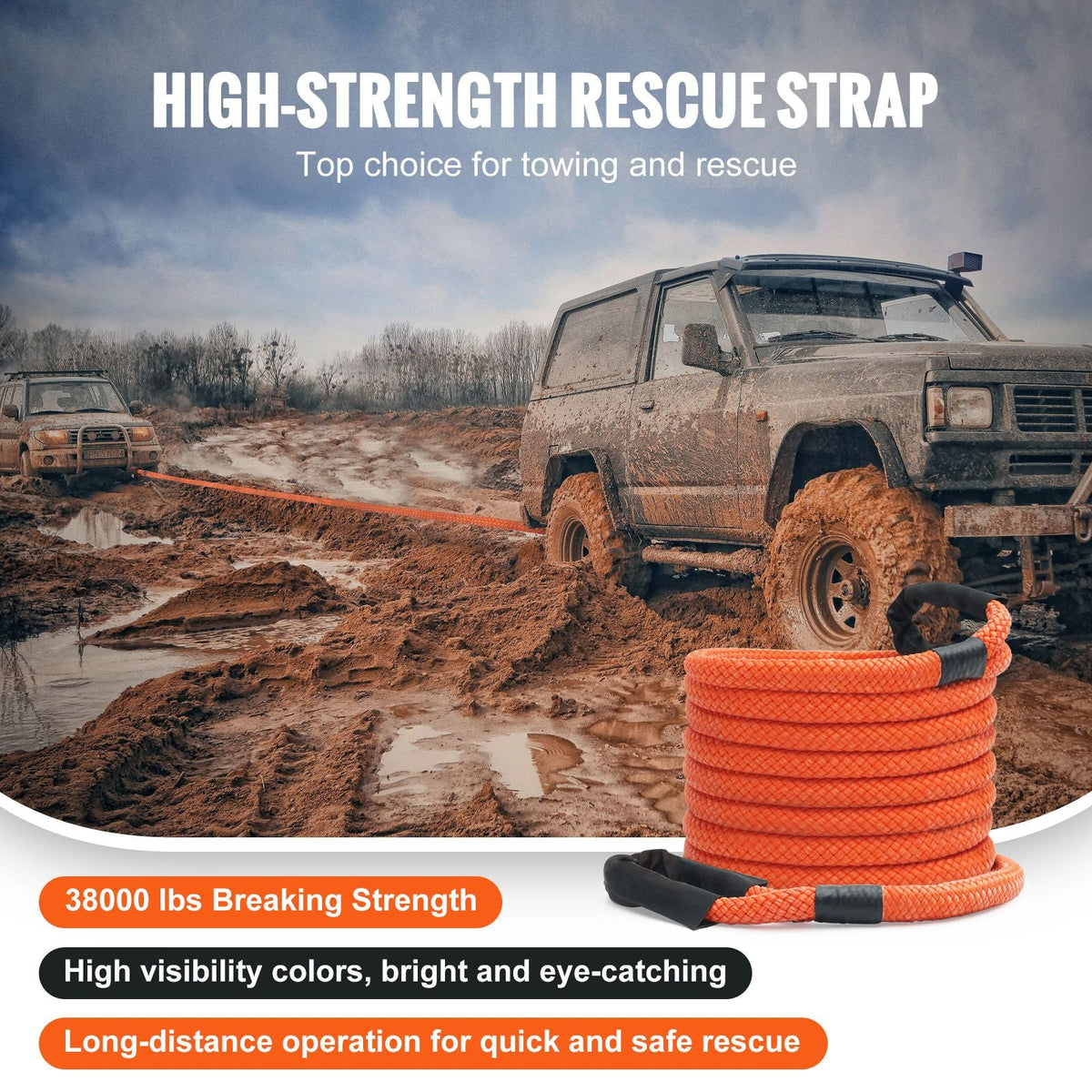 1" x 30' Kinetic Recovery Tow Rope 38,000 lbs, Heavy-Duty Off Road Snatch Strap, Extreme Duty 30% Elasticity Energy Snatch Strap for Jeep Car Truck ATV UTV SUV Tractor