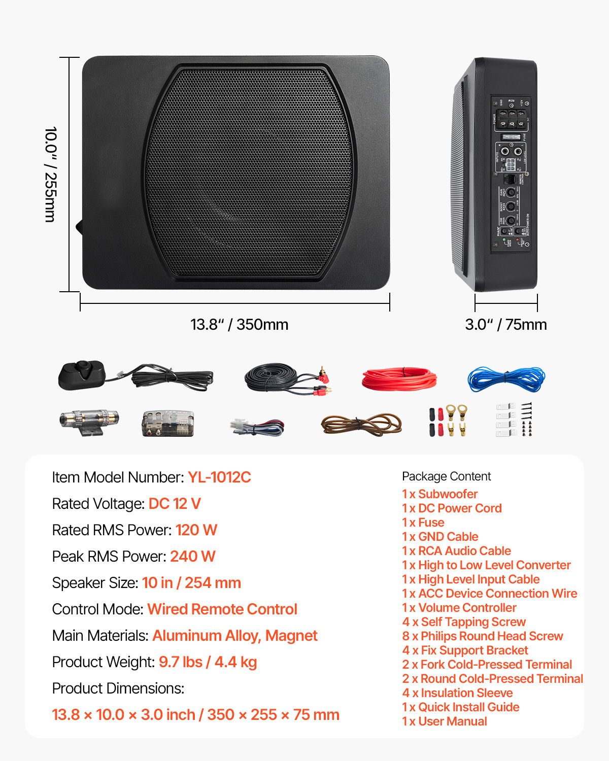 10" 240W Underseat Car Subwoofer, Slim Powered Car Subwoofers Under the Seat, Low Profile Audio Sub Built-in Amplifier, High/Low Level Input & Volume Controller for SUVs, Car, Truck, RV