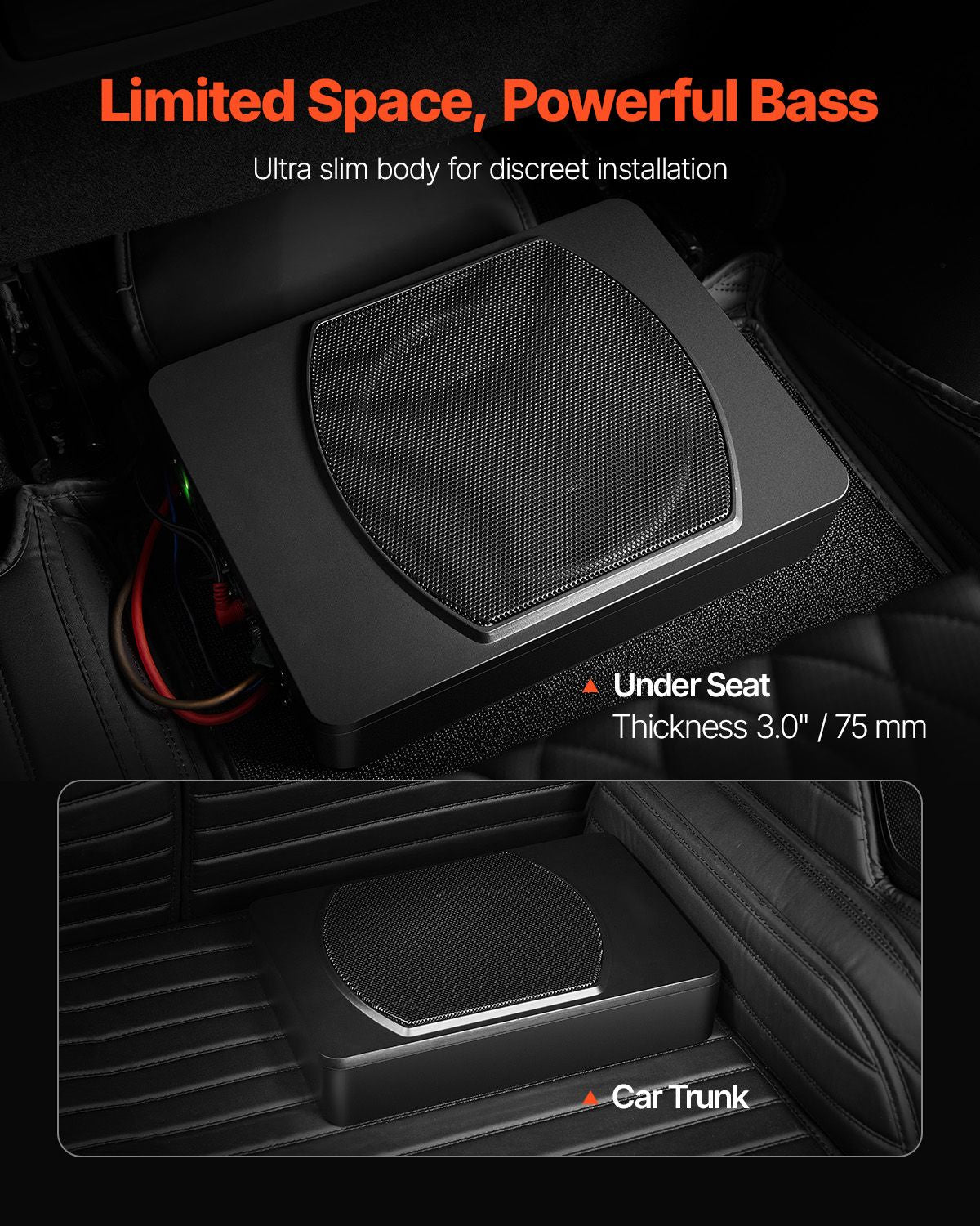 10" 240W Underseat Car Subwoofer, Slim Powered Car Subwoofers Under the Seat, Low Profile Audio Sub Built-in Amplifier, High/Low Level Input & Volume Controller for SUVs, Car, Truck, RV