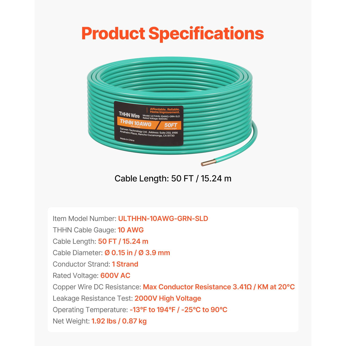 10 AWG Solid THHN Wire, 100% OFC Copper Electrical Building Wire with Nylon Jacket PVC Insulation, Rated for Up to 600 Volts, Heavy-Duty for Residential, Industrial, Commercial, Green (50 Feet)