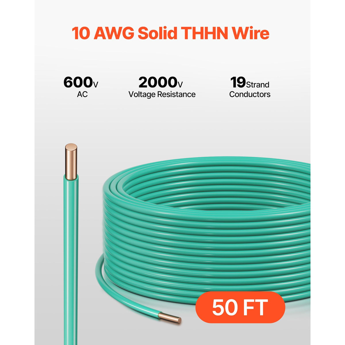 10 AWG Solid THHN Wire, 100% OFC Copper Electrical Building Wire with Nylon Jacket PVC Insulation, Rated for Up to 600 Volts, Heavy-Duty for Residential, Industrial, Commercial, Green (50 Feet)