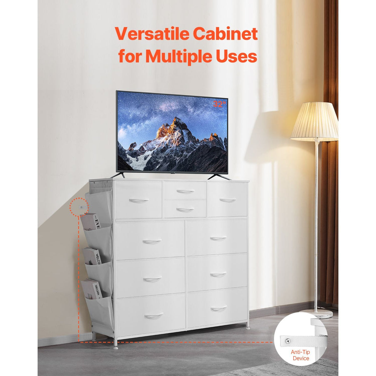 10 Drawer Dresser, Fabric Drawer Dresser with Fabric Bins, Closet Storage Drawers with Easy Pull Handle and Sturdy Steel Frame, Fabric Storage Tower for Bedroom, Hallway, Closet, Nursery, White