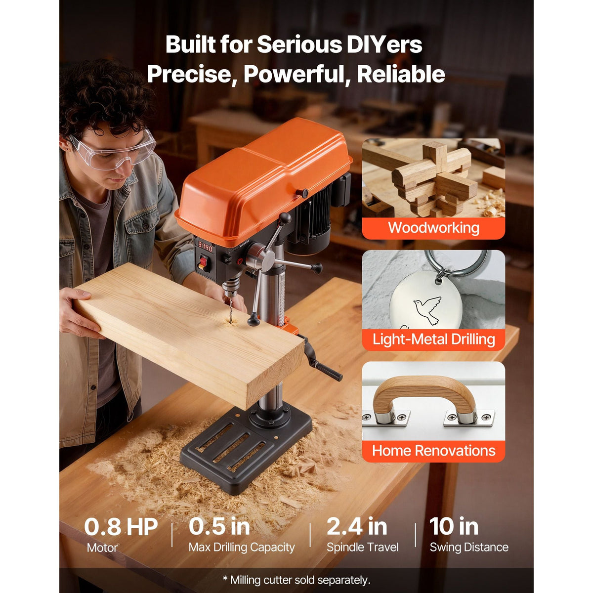 10-Inch Benchtop Drill Press, 5 Amp, 0.8 HP 600W Bench Drill Press, 530-3140 RPM Variable Speed, 0-45° Tilting Worktable, with Laser and LED Work Light, Tabletop Drilling Machine, for Wood Metal