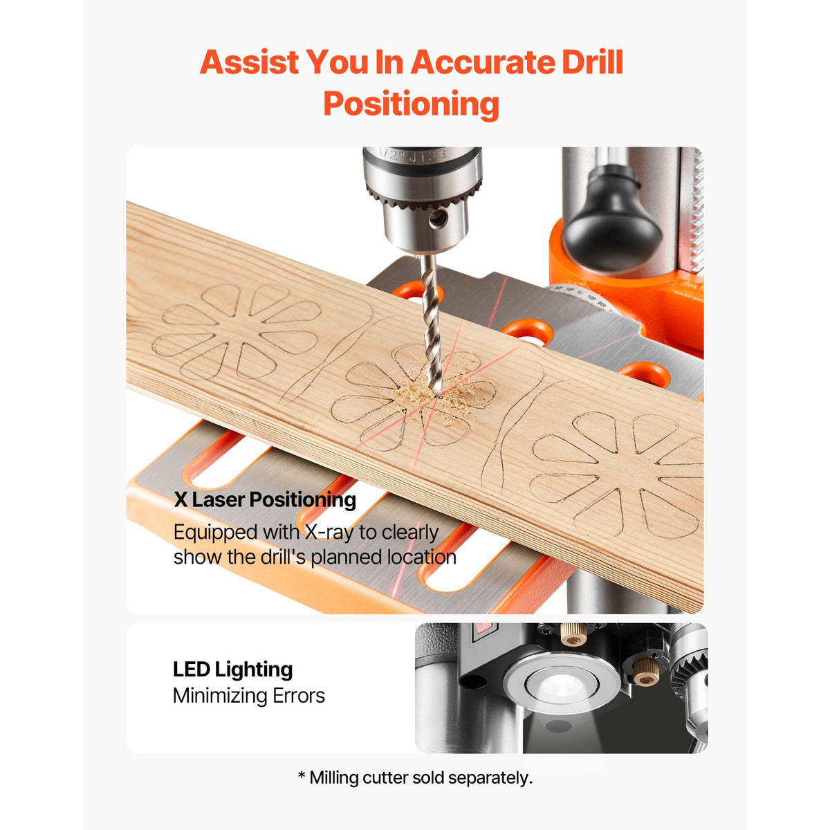 10-Inch Benchtop Drill Press, 5 Amp, 0.8 HP 600W Bench Drill Press, 530-3140 RPM Variable Speed, 0-45° Tilting Worktable, with Laser and LED Work Light, Tabletop Drilling Machine, for Wood Metal