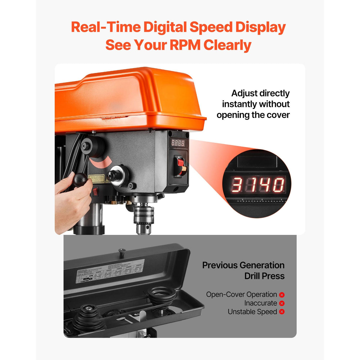 10-Inch Benchtop Drill Press, 5 Amp, 0.8 HP 600W Bench Drill Press, 530-3140 RPM Variable Speed, 0-45° Tilting Worktable, with Laser and LED Work Light, Tabletop Drilling Machine, for Wood Metal