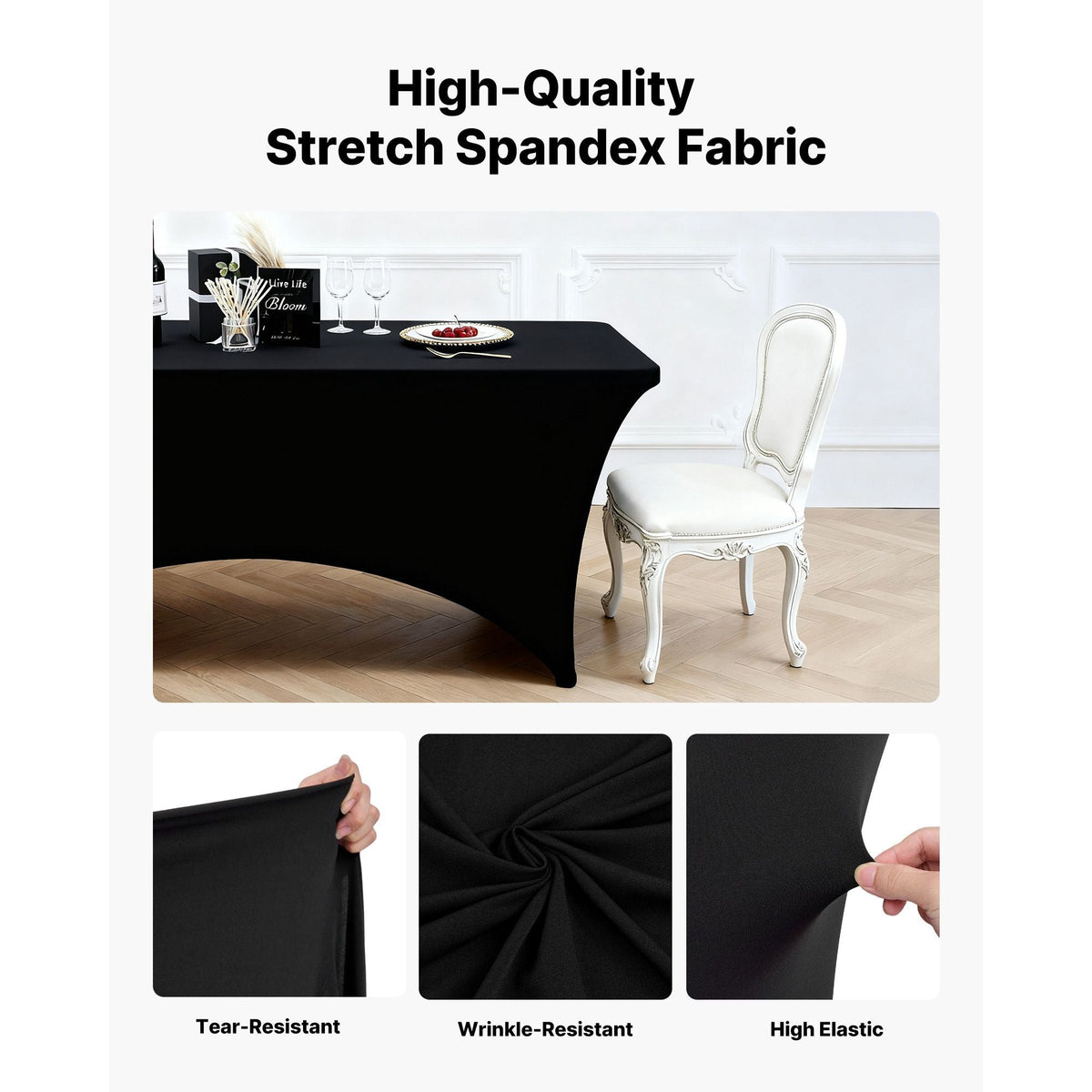 10 Pack Table Cloth for 6FT Rectangular Fitted Events, Wrinkle-Resistant Stretch Black Table Covers, Washable Spandex Tablecloth Protector, for Party, Wedding, Cocktail, Banquet, Festival