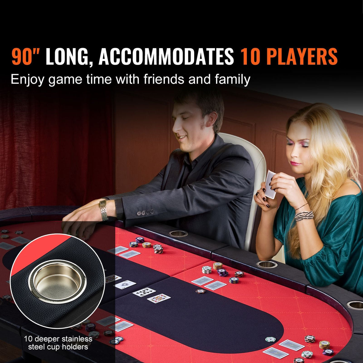 10 Player Foldable Poker Table, Blackjack Texas Holdem Poker Table with Padded Rails and Stainless Steel Cup Holders, Portable Folding Card Board Game Table, 90" Oval Casino Leisure Table