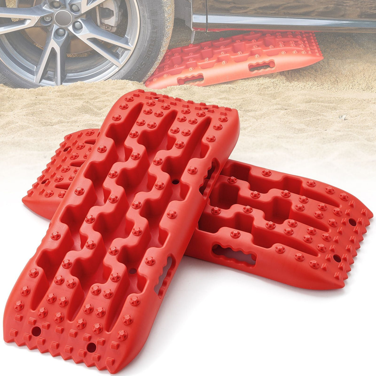10 TON Traction Boards with PP Material, Recovery Boards for Off-road Vehicles/Cars/Pickups/SUVs/RVs, Pair Tire Traction Mats on Snow, Sand, Mud and Loose Terrain, Storage Bag, Short, Red