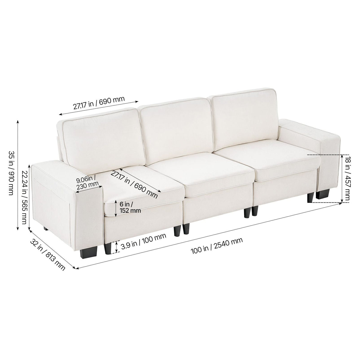 100-Inch Modular 3-Seater Sofa – Comfy Couch with Deep Seats & Hidden Storage, Modern Design for Living Room, Apartment, or Office, White