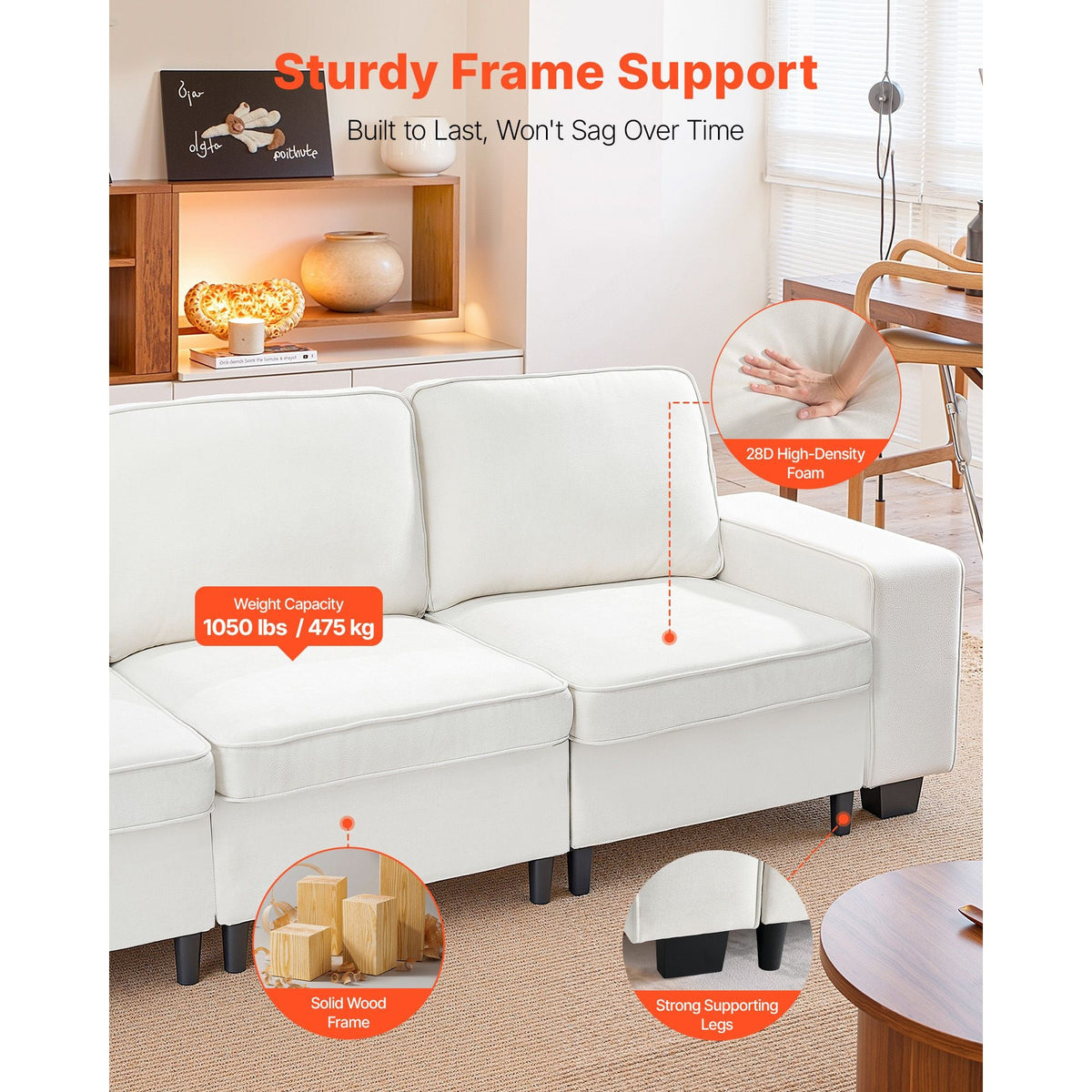 100-Inch Modular 3-Seater Sofa – Comfy Couch with Deep Seats & Hidden Storage, Modern Design for Living Room, Apartment, or Office, White