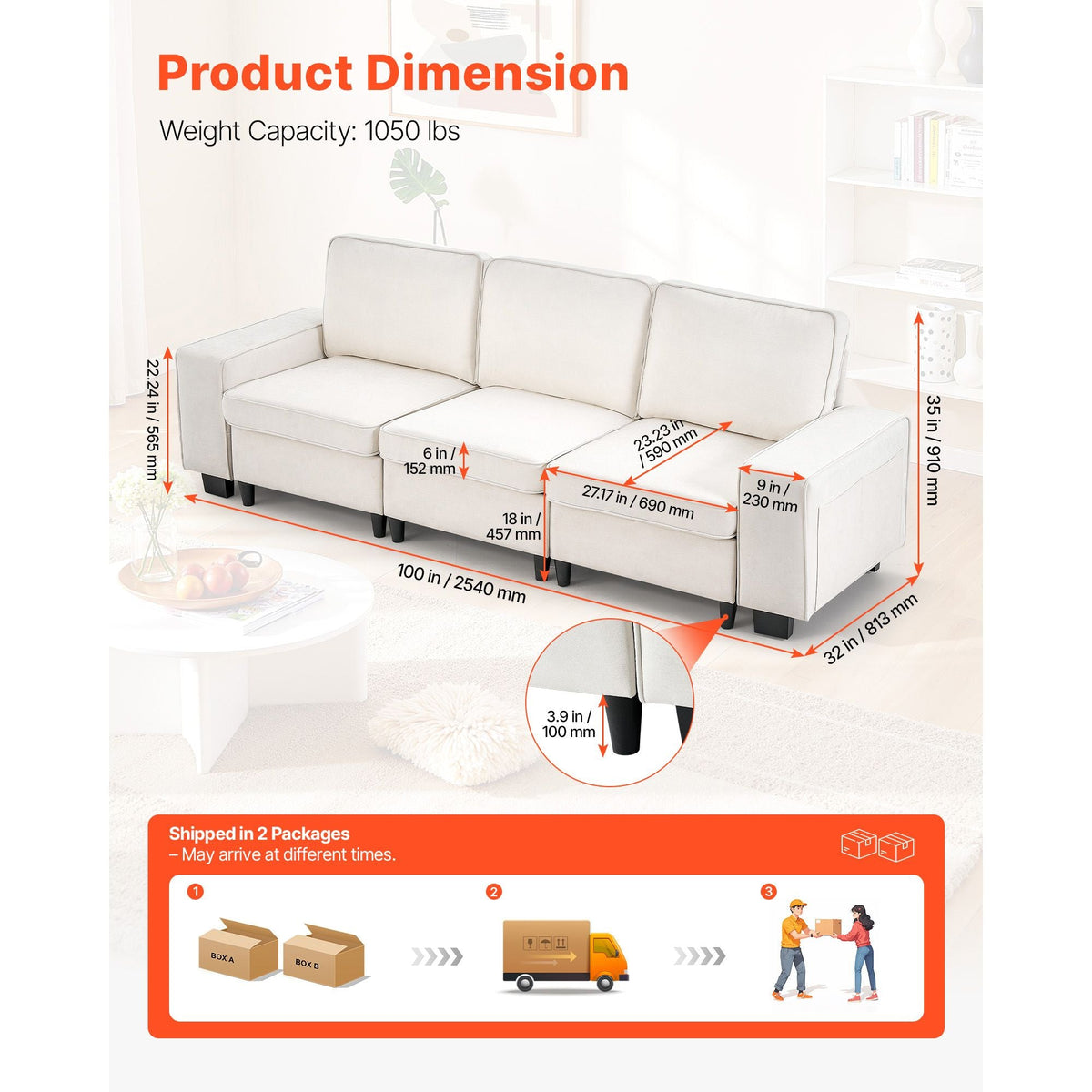 100-Inch Modular 3-Seater Sofa – Comfy Couch with Deep Seats & Hidden Storage, Modern Design for Living Room, Apartment, or Office, White