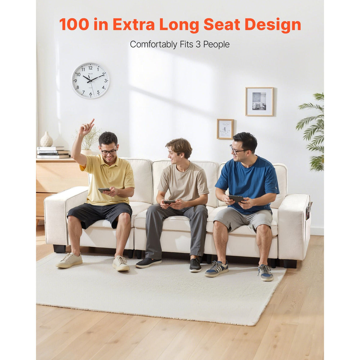 100-Inch Modular 3-Seater Sofa – Comfy Couch with Deep Seats & Hidden Storage, Modern Design for Living Room, Apartment, or Office, White
