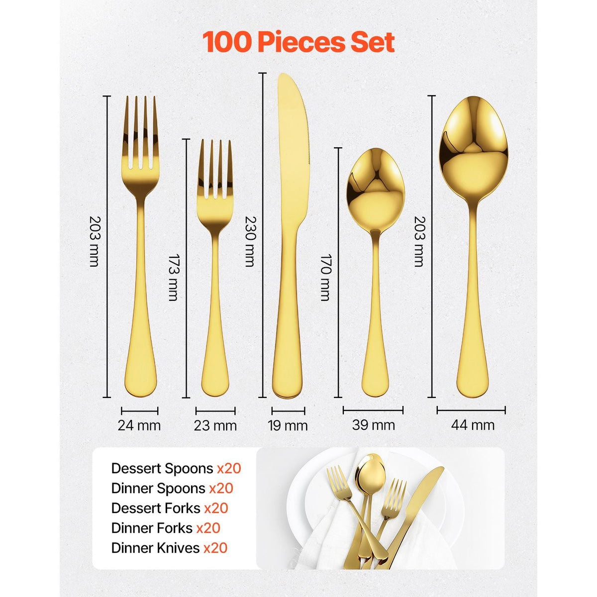 100-Piece Gold Silverware Set, Food-Grade Stainless Steel Flatware Utensils for 20, Mirror Finished Cutlery Set, Dishwasher Safe Eating Tableware for Kitchen Home, Include Knife Fork Spoon