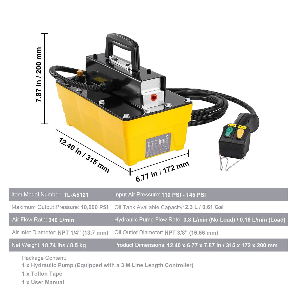 10,000PSI Air Hydraulic Pump, 0.61 Gal Reservoir, NPT 3/8 In Oil Outlet, NPT 1/4 In Inlet, Plastic Air Hydraulic Pump with Remote Control Actuator, for Automobile Frame Machine & Hydraulic Press