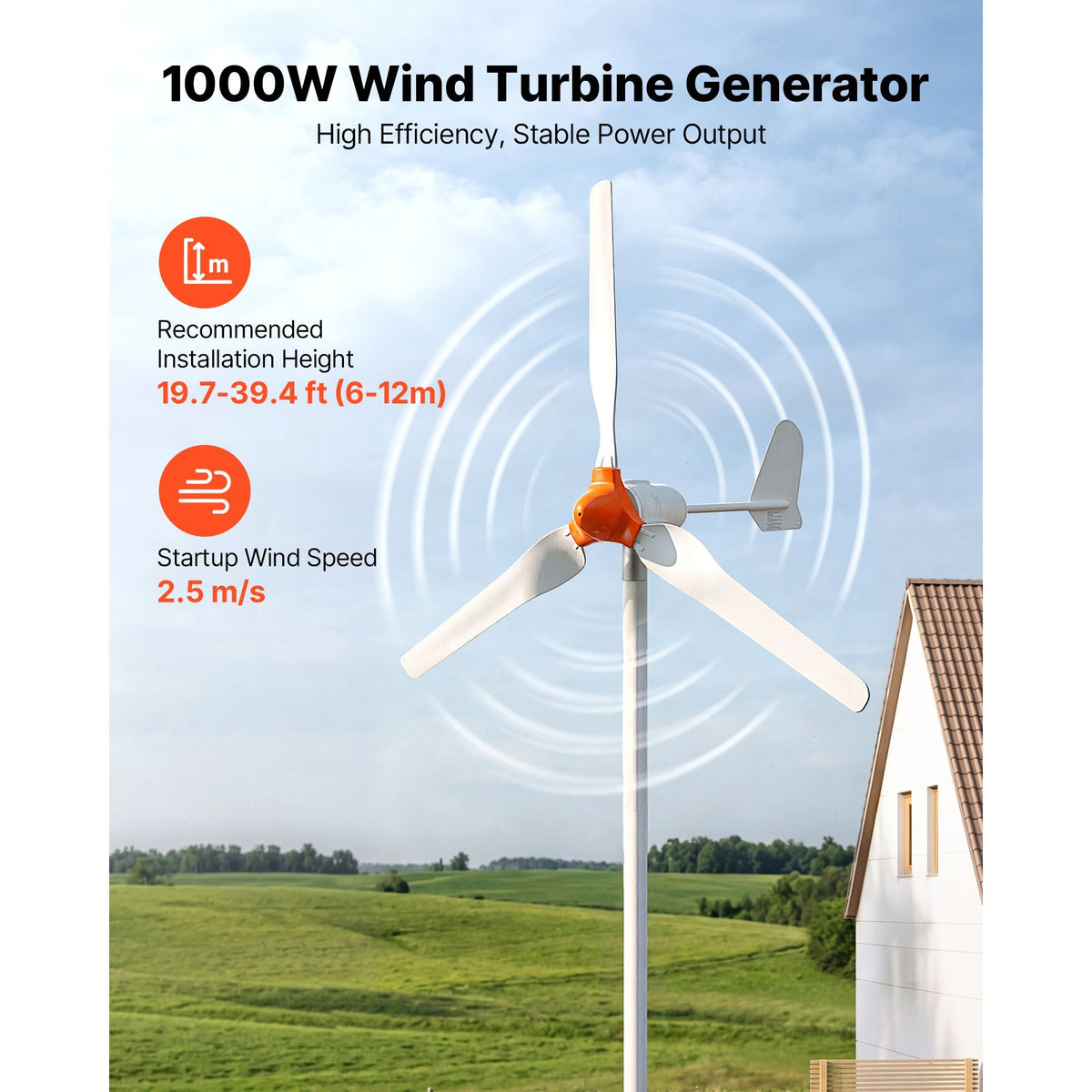 1000W 12V Wind Turbine Generator, 3-Blade Wind Turbine Kit with Wind/Solar Hybrid Controller, Efficient 3-Phase AC Permanent Wind Power Generator for RV Boat Home Farm (Tower Pole Not Include)