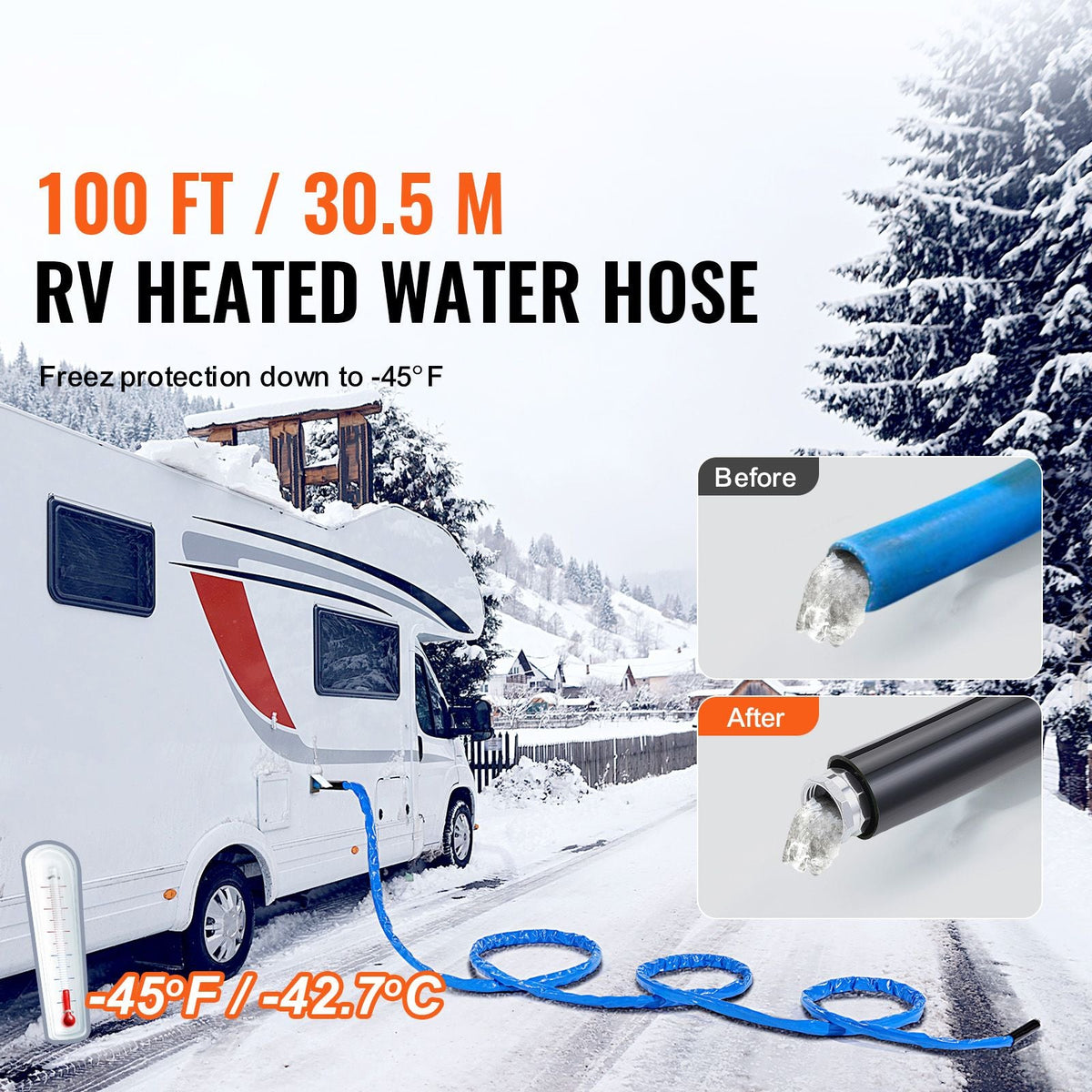 100ft Heated Water Hose for RV, Heated Drinking Water Hose with Corrugated Cover Antifreeze to -45 Fahrenheit , Automatic Self-regulating, 5/8" I.D. with 3/4" GHT Adapter, Lead and BPA Free