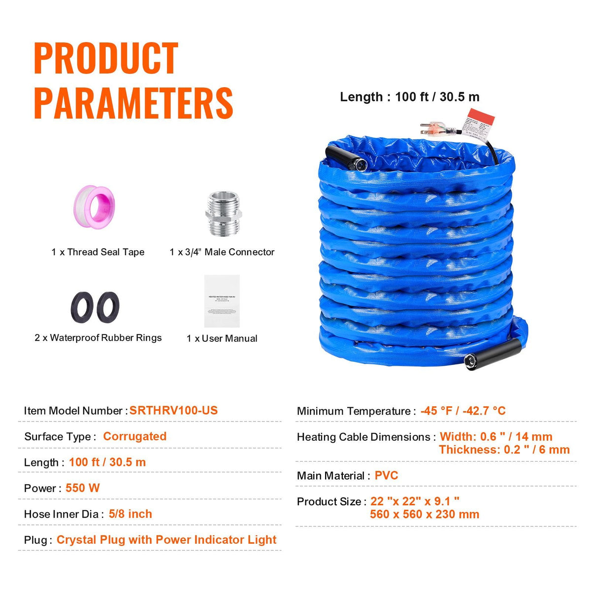 100ft Heated Water Hose for RV, Heated Drinking Water Hose with Corrugated Cover Antifreeze to -45 Fahrenheit , Automatic Self-regulating, 5/8" I.D. with 3/4" GHT Adapter, Lead and BPA Free