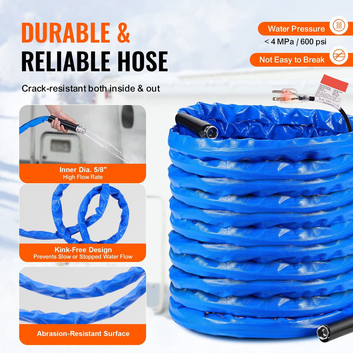 100ft Heated Water Hose for RV, Heated Drinking Water Hose with Corrugated Cover Antifreeze to -45 Fahrenheit , Automatic Self-regulating, 5/8" I.D. with 3/4" GHT Adapter, Lead and BPA Free