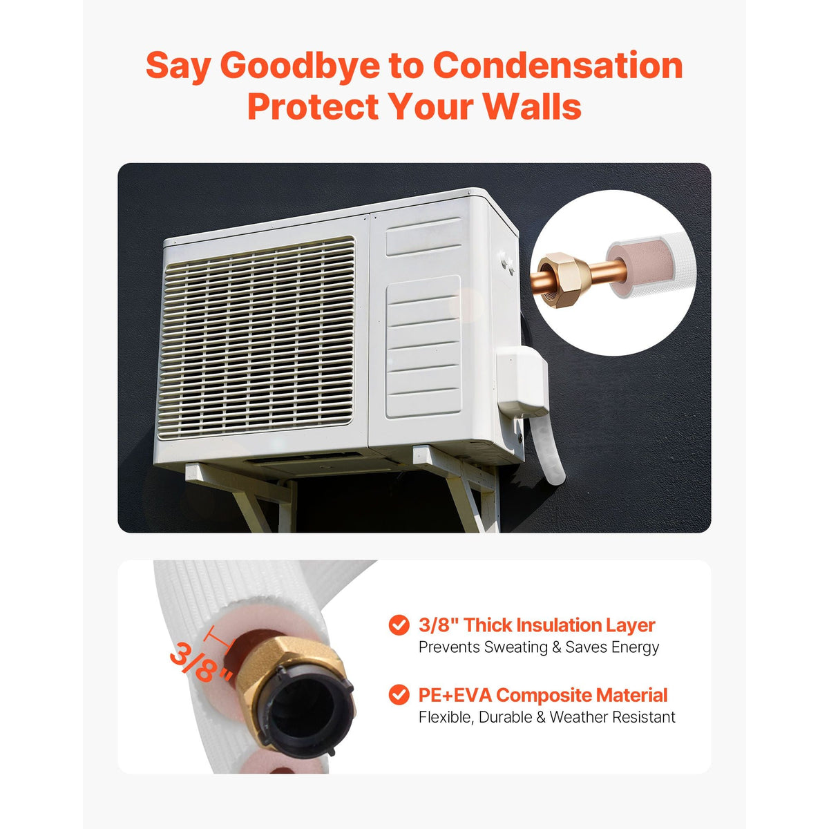 100ft Mini Split Line Set, 3/8' & 5/8' OD AC Copper Tubing Pipe, 3/8 White PE Thickened Insulated Coil with Flared Nuts, Strapping Tapes, for Mini Split Air Conditioner HVAC or Heat Pump System