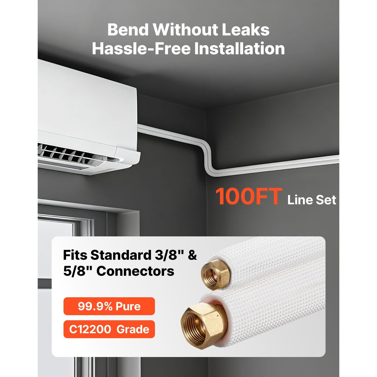 100ft Mini Split Line Set, 3/8' & 5/8' OD AC Copper Tubing Pipe, 3/8 White PE Thickened Insulated Coil with Flared Nuts, Strapping Tapes, for Mini Split Air Conditioner HVAC or Heat Pump System
