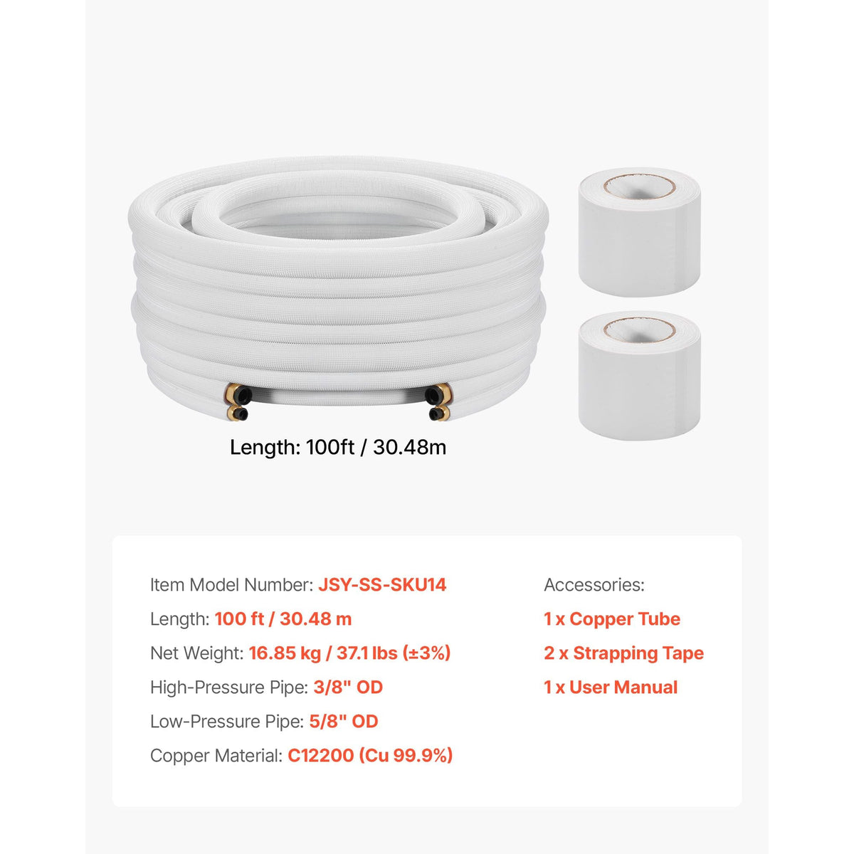 100ft Mini Split Line Set, 3/8' & 5/8' OD AC Copper Tubing Pipe, 3/8 White PE Thickened Insulated Coil with Flared Nuts, Strapping Tapes, for Mini Split Air Conditioner HVAC or Heat Pump System