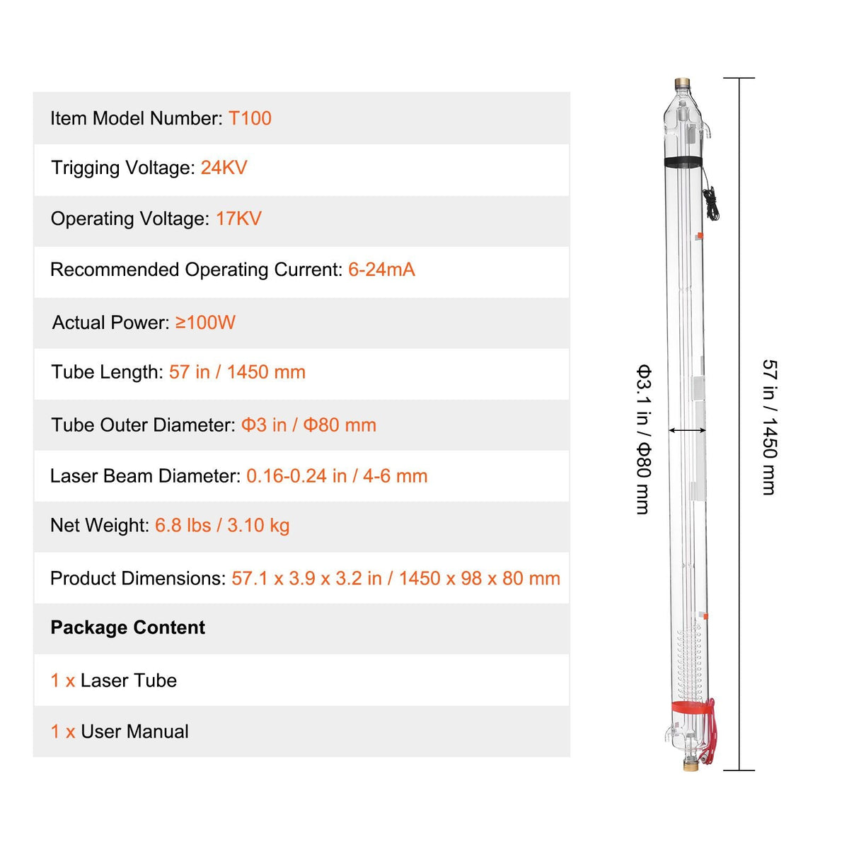100W CO2 Laser Tube, 57 in (1450 mm) Length, 3.1 in (80 mm) Dia Borosilicate Glass Laser Cutter Tube with Metal Head, 10,000hr Wires Preconnected for Laser Engraver Engraving Cutting Machine