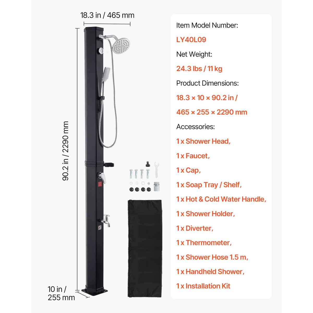 10.6 Gal Solar Heated Shower, 6.7ft Showerhead Height Outdoor Shower, with Handheld & Foot Faucet, Hot & Cold Water Adjustment, Freestanding for Backyard Poolside Beach Pool, Black