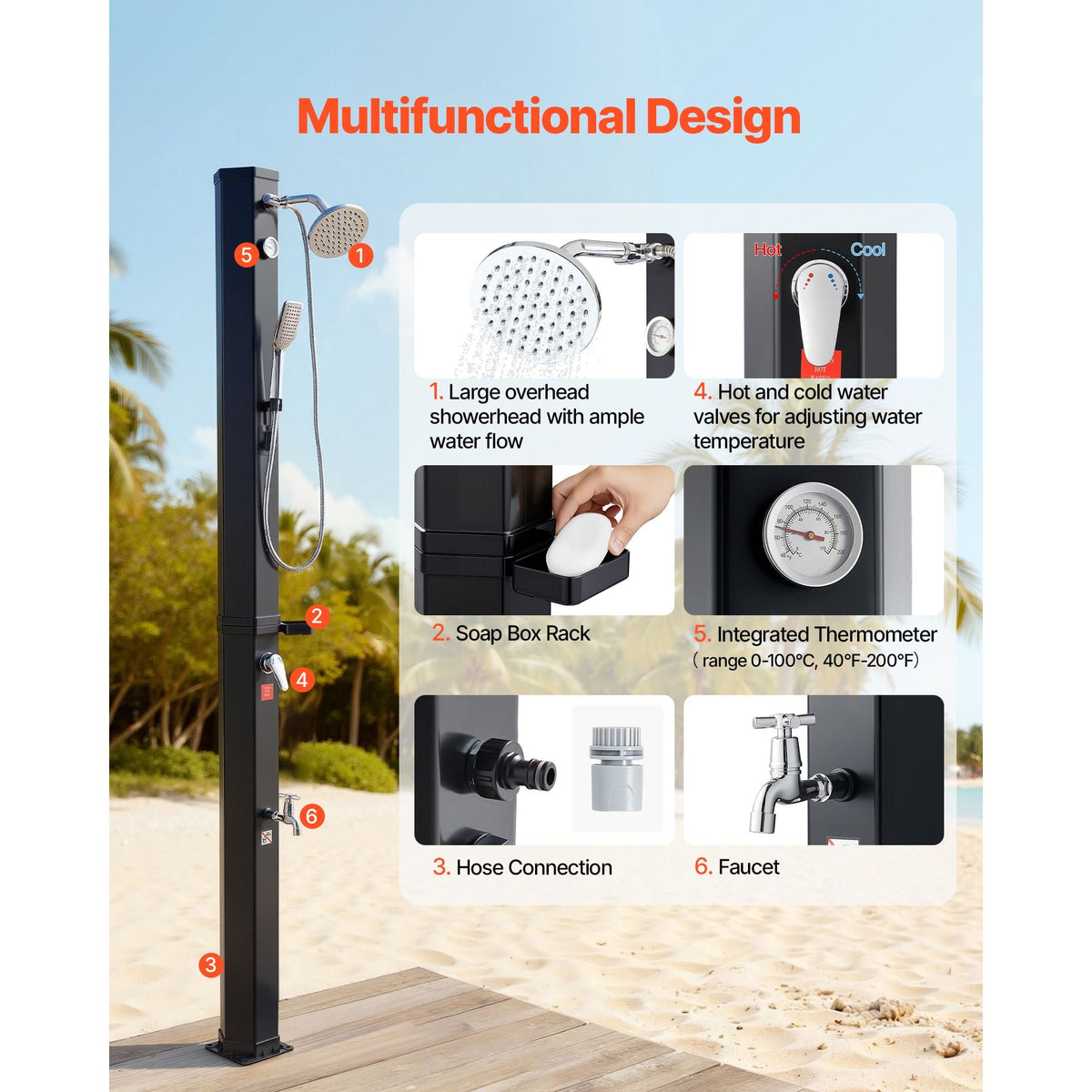 10.6 Gal Solar Heated Shower, 6.7ft Showerhead Height Outdoor Shower, with Handheld & Foot Faucet, Hot & Cold Water Adjustment, Freestanding for Backyard Poolside Beach Pool, Black