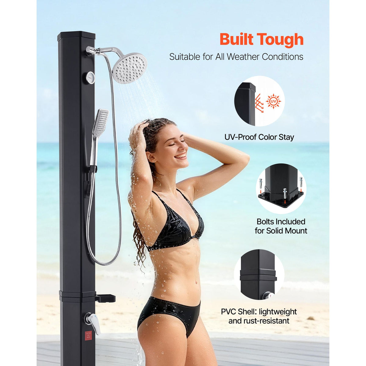 10.6 Gal Solar Heated Shower, 6.7ft Showerhead Height Outdoor Shower, with Handheld & Foot Faucet, Hot & Cold Water Adjustment, Freestanding for Backyard Poolside Beach Pool, Black