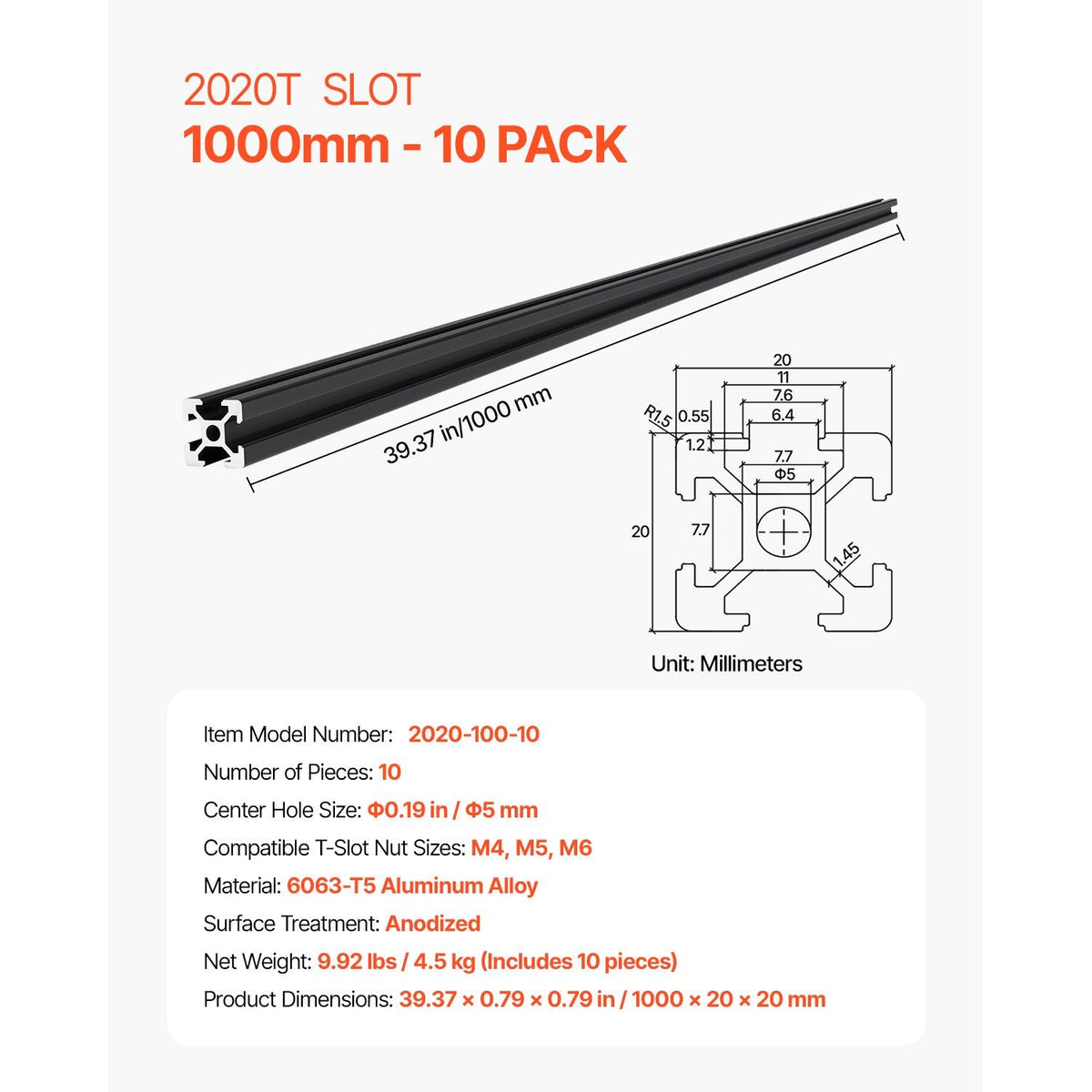 10PCS 39.4in (1000mm) T Slot 2020 Aluminum Extrusion Profile, European Standard Anodized Linear Rail, High-Strength Extruded Aluminum Rail for 3D Printer, CNC Machine DIY, Laser Engraving, Black