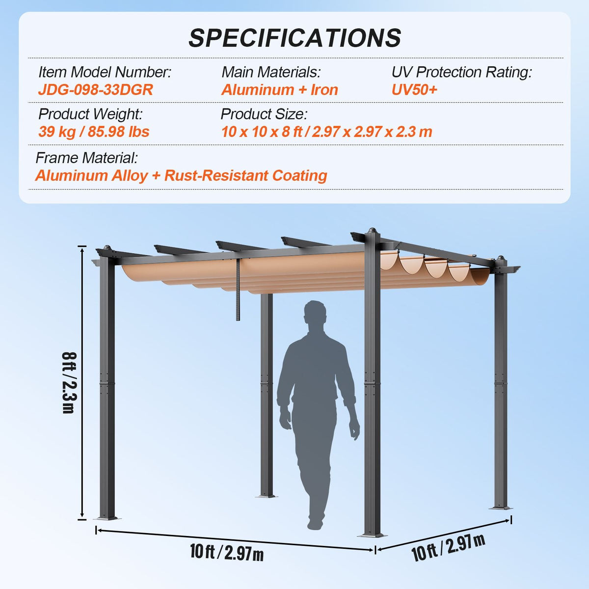10'x10' Outdoor Retractable Pergola with Canopy, Aluminum Pergola with Retractable Canopy, Modern Pergola with Sun Shade Canopy for Patios, Gardens, Decks, Backyards (Beige)