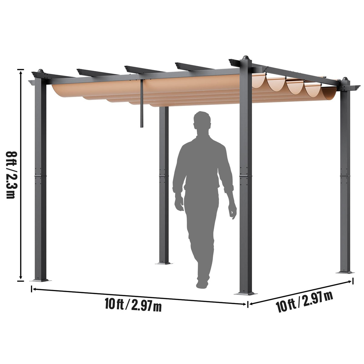 10'x10' Outdoor Retractable Pergola with Canopy, Aluminum Pergola with Retractable Canopy, Modern Pergola with Sun Shade Canopy for Patios, Gardens, Decks, Backyards (Beige)