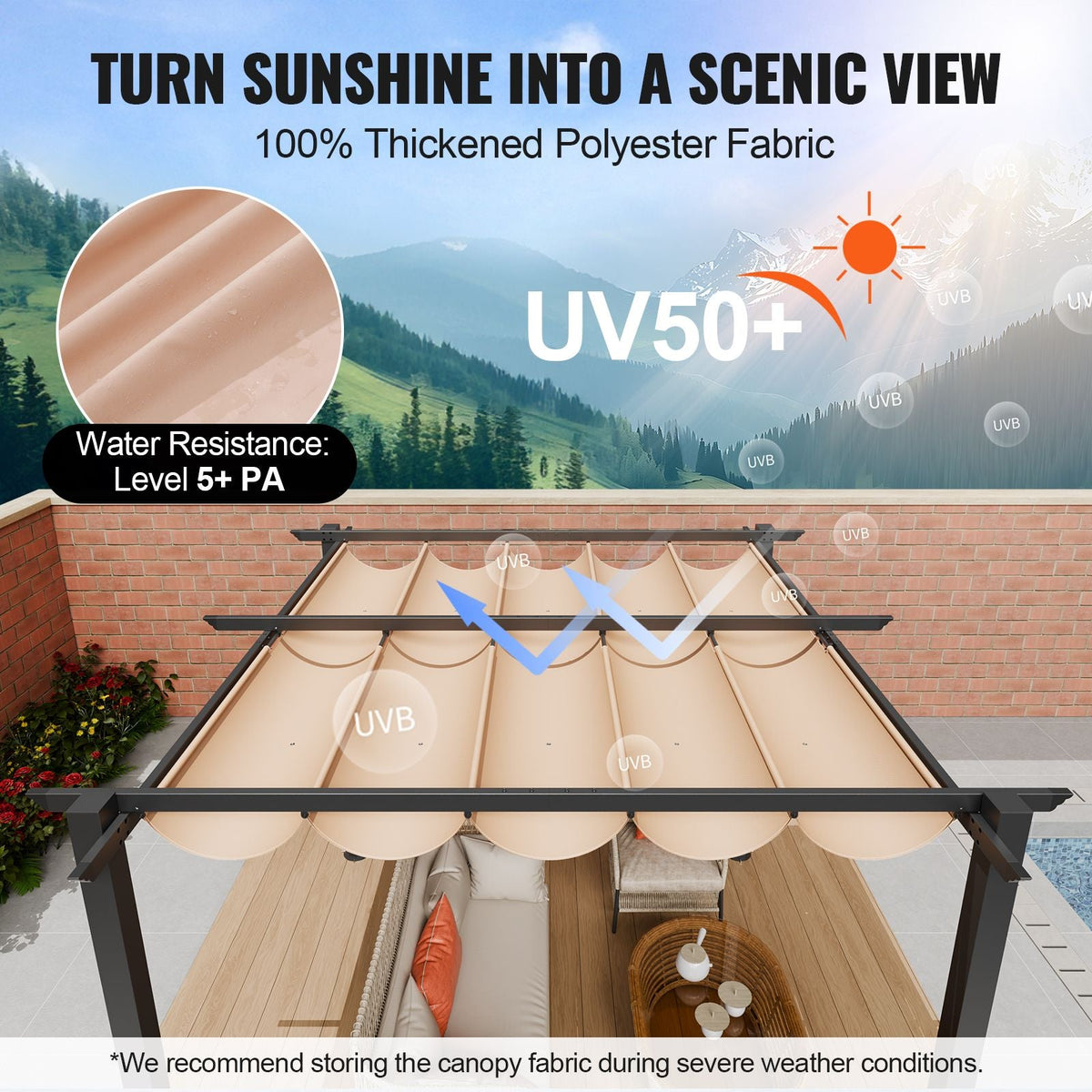 10'x10' Outdoor Retractable Pergola with Canopy, Aluminum Pergola with Retractable Canopy, Modern Pergola with Sun Shade Canopy for Patios, Gardens, Decks, Backyards (Beige)