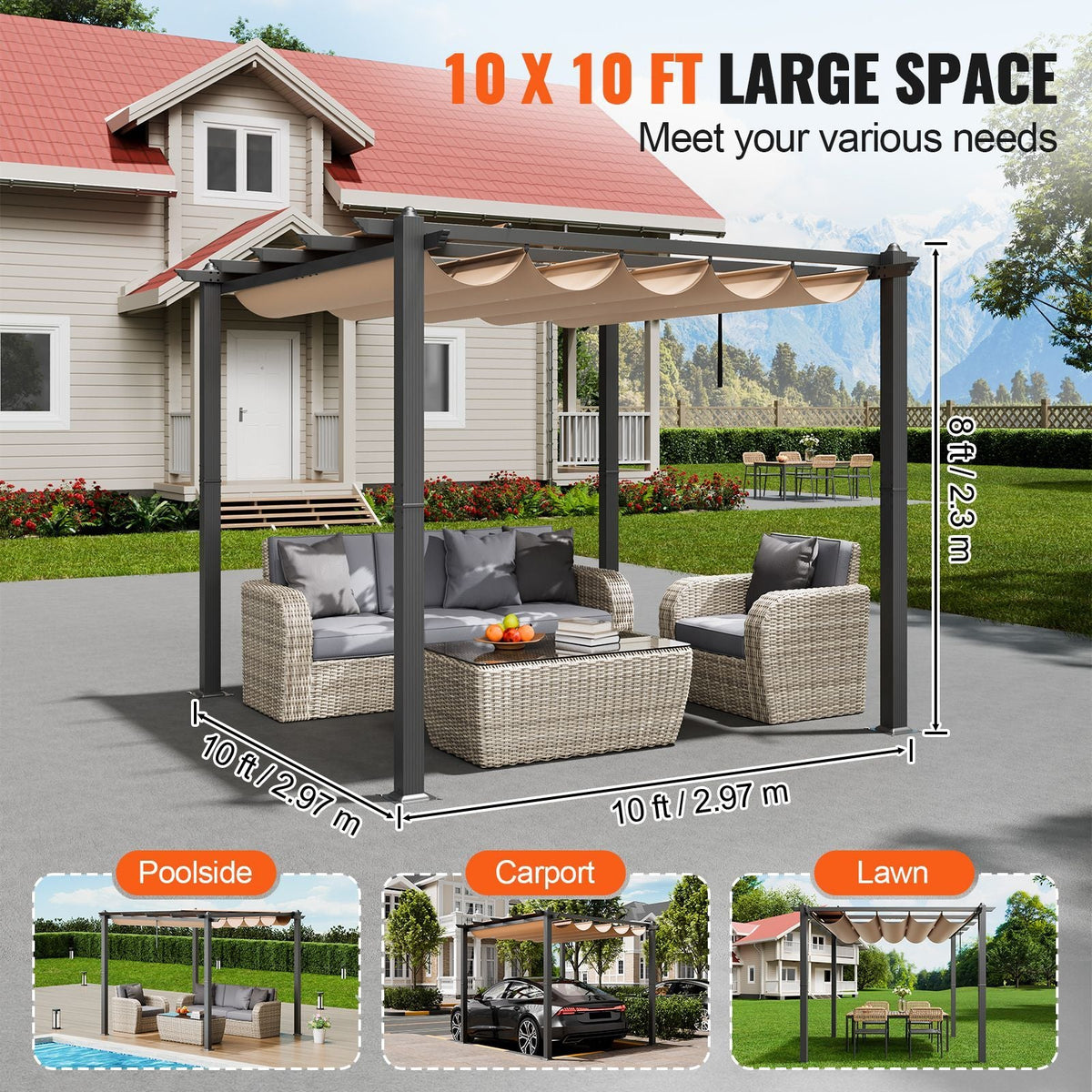 10'x10' Outdoor Retractable Pergola with Canopy, Aluminum Pergola with Retractable Canopy, Modern Pergola with Sun Shade Canopy for Patios, Gardens, Decks, Backyards (Beige)
