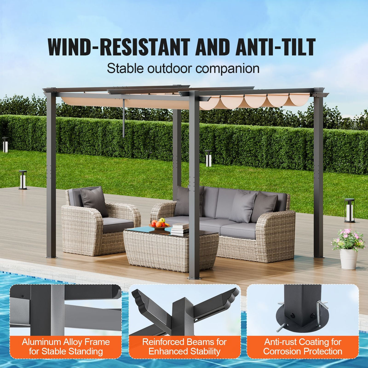10'x10' Outdoor Retractable Pergola with Canopy, Aluminum Pergola with Retractable Canopy, Modern Pergola with Sun Shade Canopy for Patios, Gardens, Decks, Backyards (Beige)
