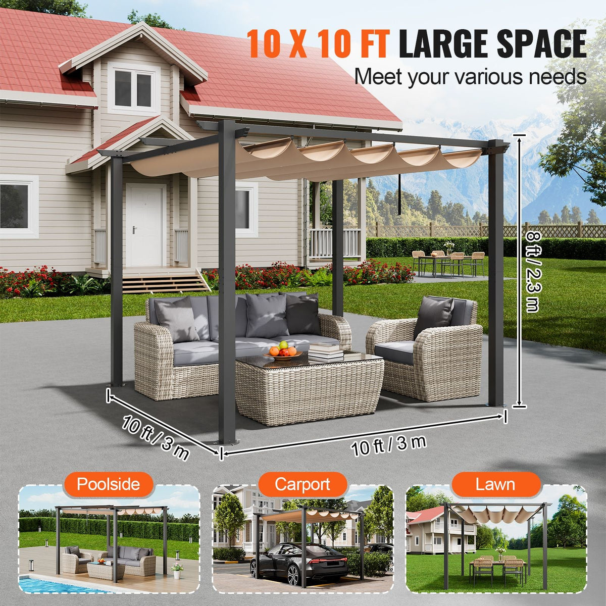 10'x10' Outdoor Retractable Pergola with Canopy, Aluminum Pergola with Retractable Canopy, Modern Pergola with Sun Shade Canopy for Patios, Gardens, Decks, Backyards (Beige)