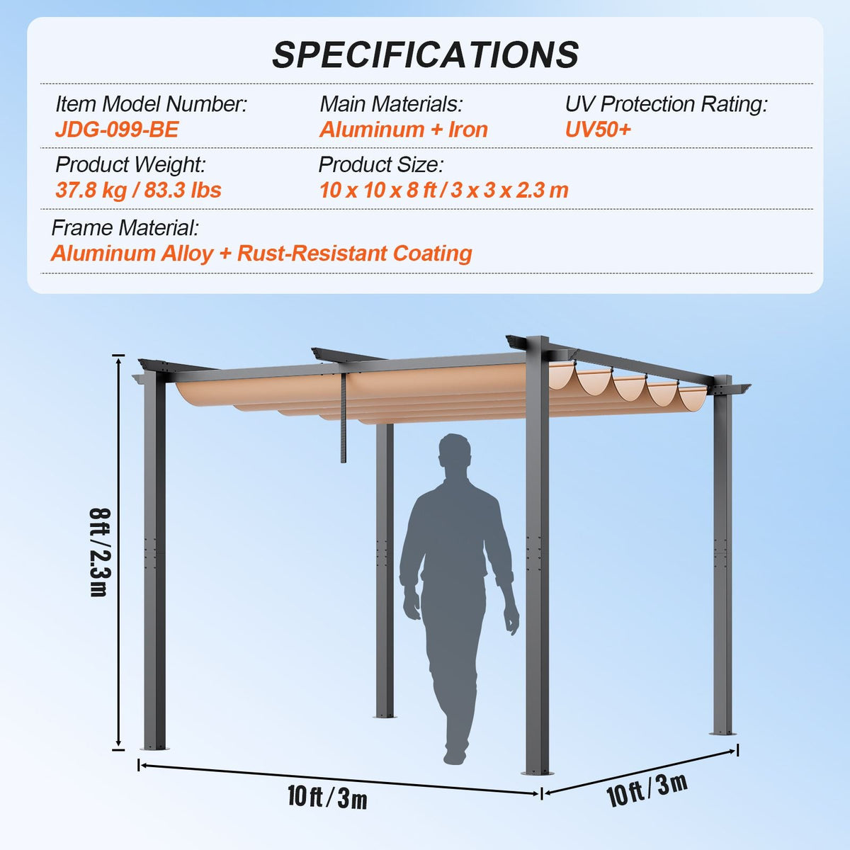 10'x10' Outdoor Retractable Pergola with Canopy, Aluminum Pergola with Retractable Canopy, Modern Pergola with Sun Shade Canopy for Patios, Gardens, Decks, Backyards (Beige)