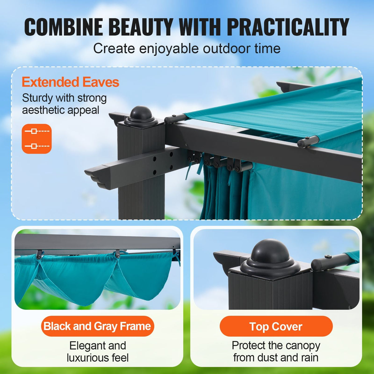 10'x13' Outdoor Retractable Pergola with Canopy, Aluminum Pergola with Retractable Canopy, Modern Pergola with Sun Shade Canopy for Patios, Gardens, Decks, Backyards (Bule)
