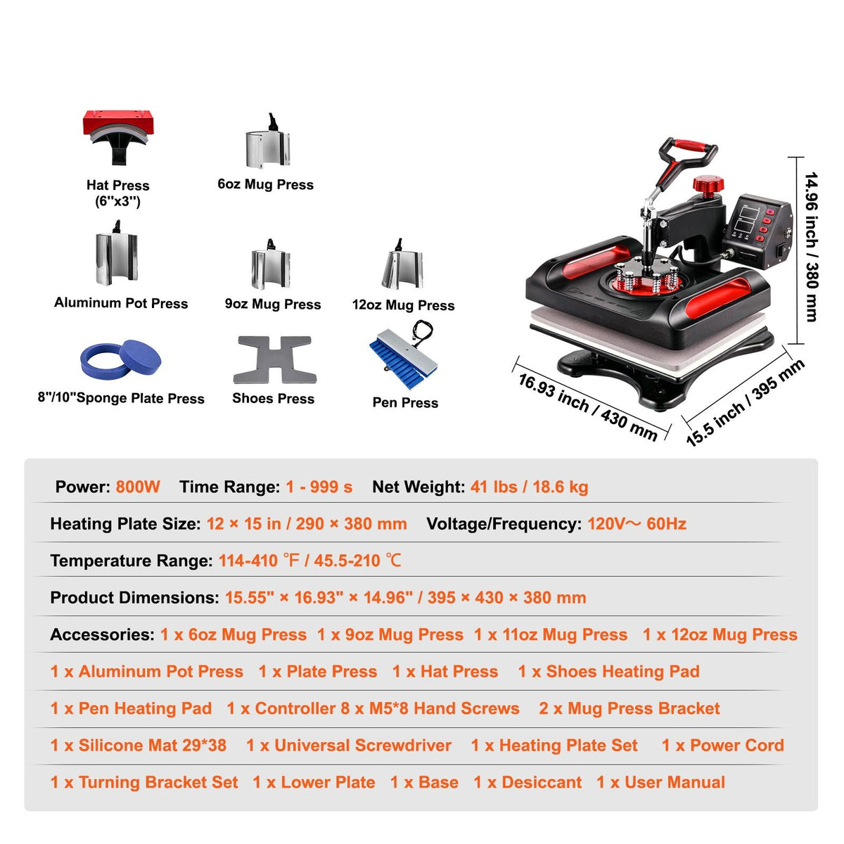 11 in 1 Heat Press, 12 x 15 Inch, Multifunctional Clamshell Printer, Digital Dual-Tube Heat Press Transfer Machine, Swing Away Sublimation Machine for T-Shirt Shoes, 360° Swing Away Design