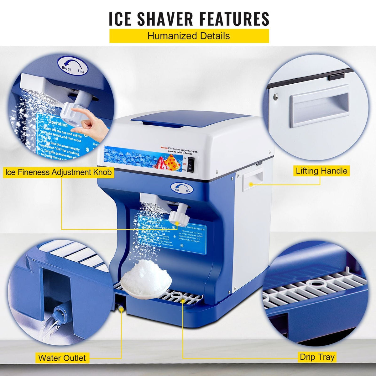 110V Electric Shaved Ice Machine 250W Snow Cone Maker Tabletop with Adjustable Ice Texture, Ice Shaving Machine 265LBs/hr for Home and Commerical Use