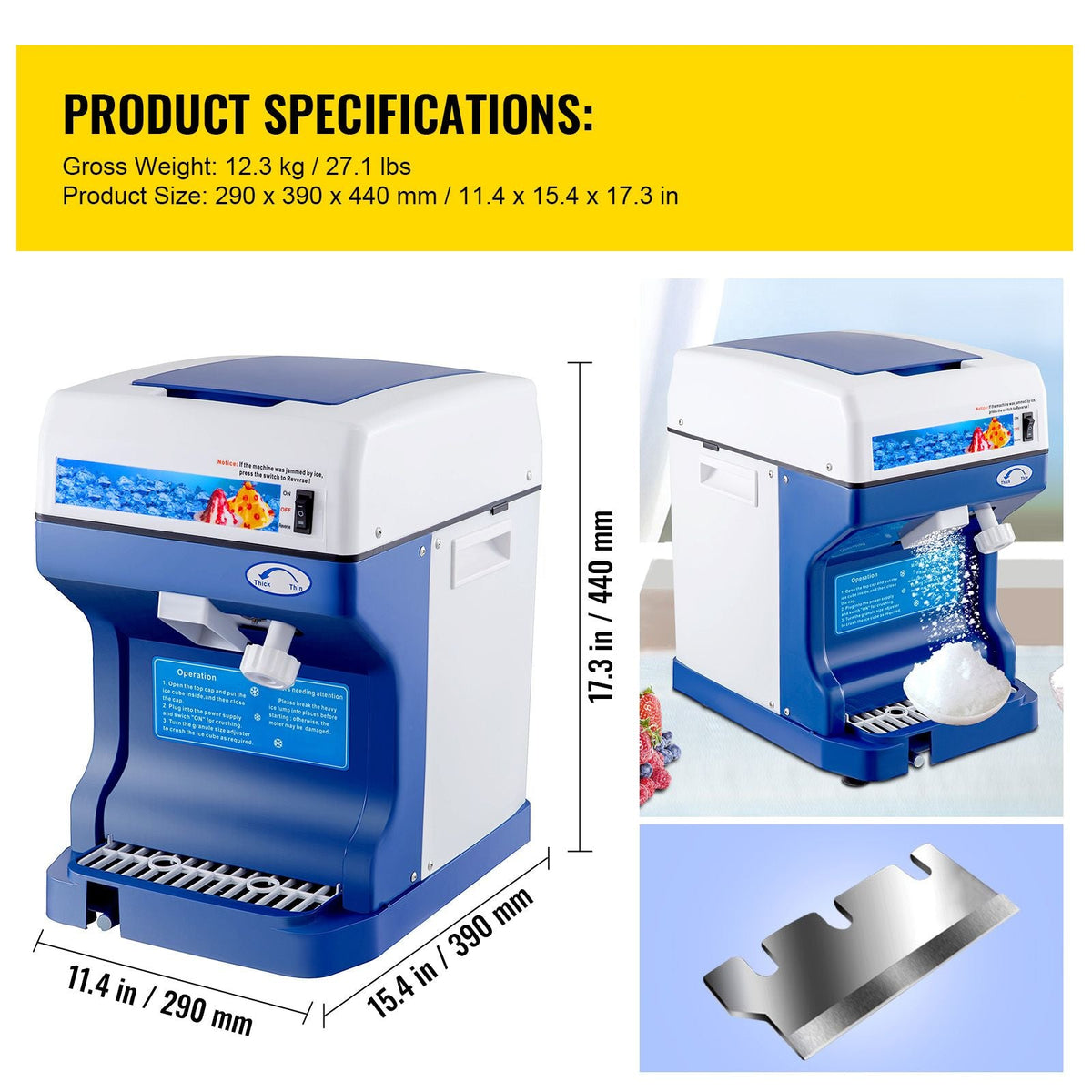 110V Electric Shaved Ice Machine 250W Snow Cone Maker Tabletop with Adjustable Ice Texture, Ice Shaving Machine 265LBs/hr for Home and Commerical Use