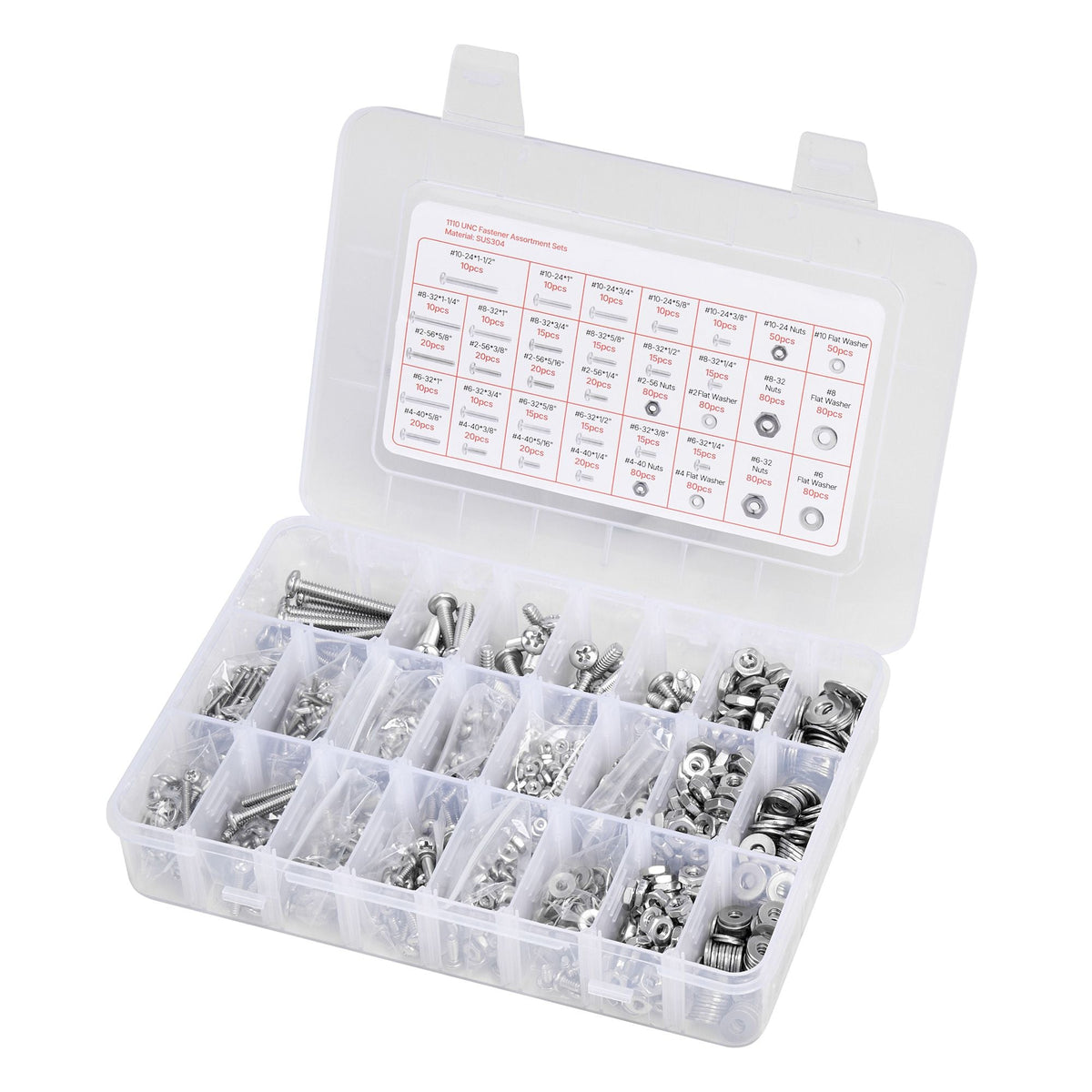 1110 Pcs Bolts and Nuts Assortment Kit, Imperial Machine Screws and Flat Washers, Stainless Steel 10-24,8-32,2-56,6-32,4-40, for Furniture /Equipment/Vehicle Assembly, Silver